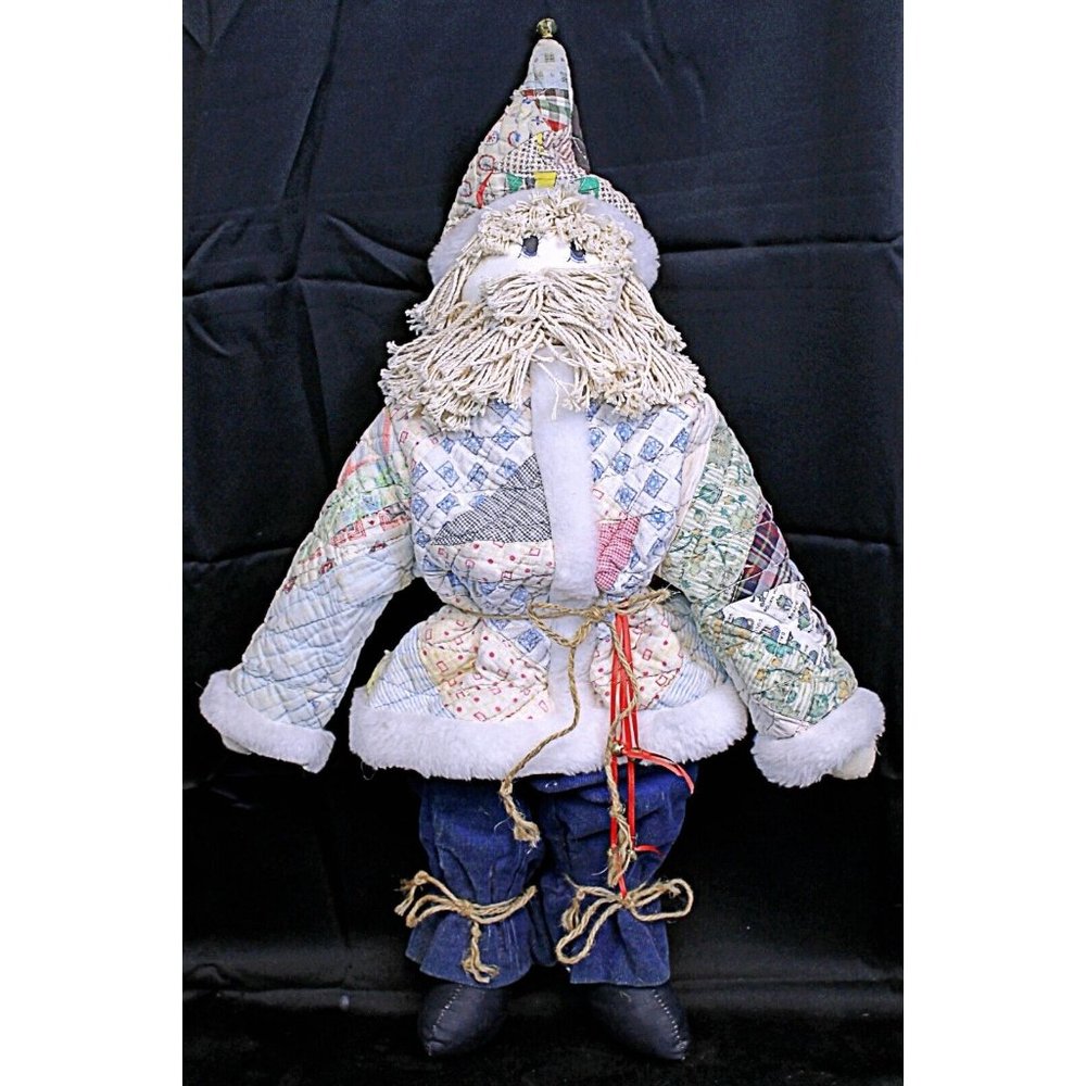 Vtg Handmade Santa Plush Rag Doll Quilted Sweater Hat Yarn Beard Hair Christmas